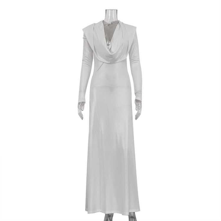 Elegant Solid Color Long Sleeve Dress with Hood