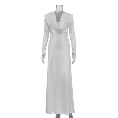 Elegant Solid Color Long Sleeve Dress with Hood