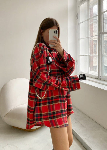 Oversized Red Plaid Shirt With Chest Pockets