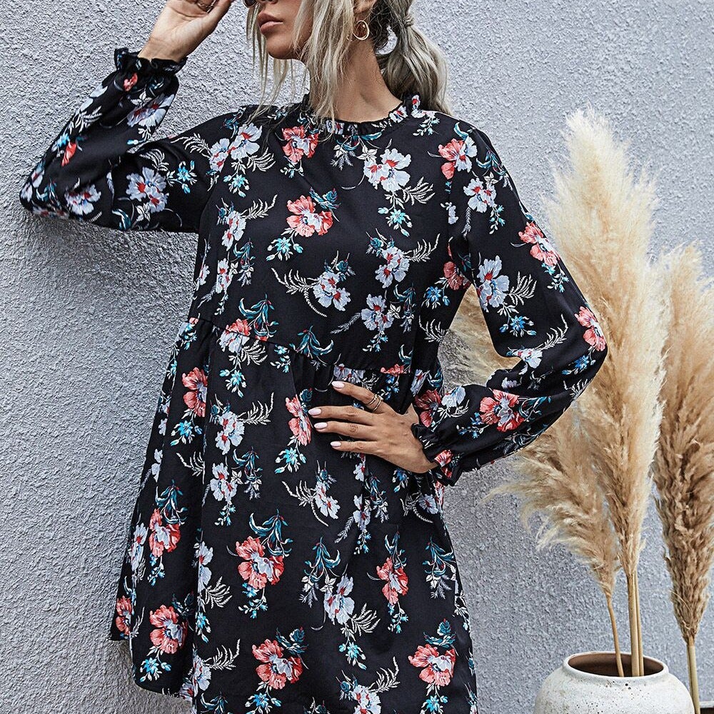 Black Background Small Collar Fashion Leisure High Waist A-Line Skirt Temperament Autumn And Winter Dress Women'S Long Sleeves