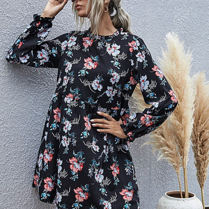 Black Background Small Collar Fashion Leisure High Waist A-Line Skirt Temperament Autumn And Winter Dress Women'S Long Sleeves