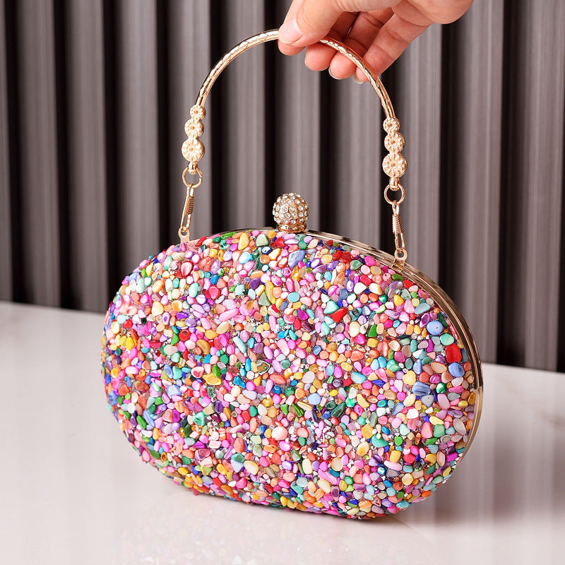Elegant Round Crystal Evening Bag Vintage PU Clutch
