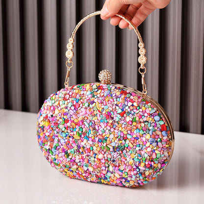 Elegant Round Crystal Evening Bag Vintage PU Clutch