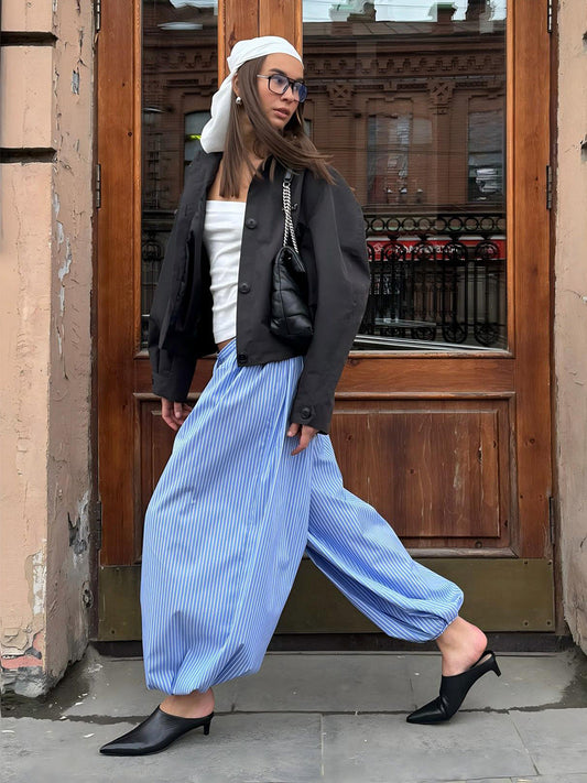 Trendy Striped Lantern Pants Casual Loose Trousers
