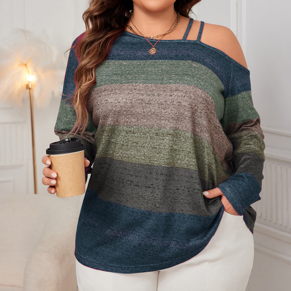 Off-Shoulder Loose Long Sleeve Shirt Color Block Top