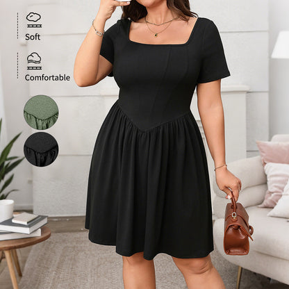 Elegant Plus Size Solid Color Short Sleeve Square Neck Dress