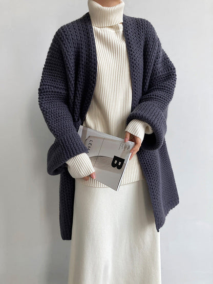 Solid Color Hollow Out Open Front Knit Cardigan
