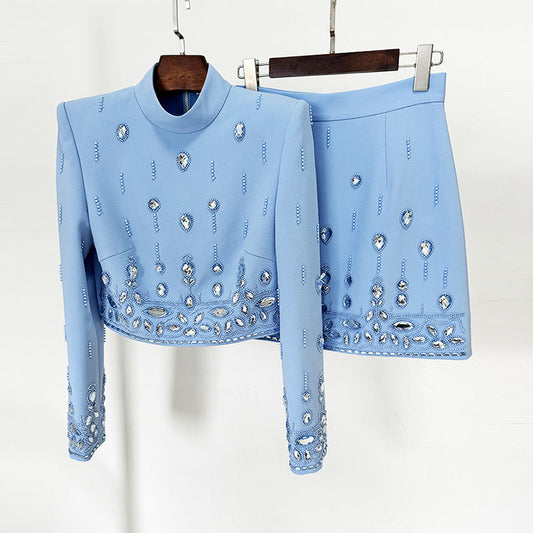 Beaded Short Sleeve Top And Skirt Set