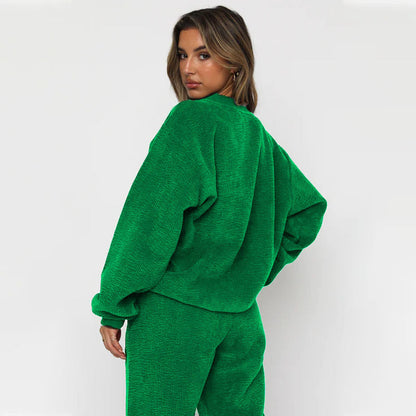 Solid Color Corduroy Casual Pullover Set