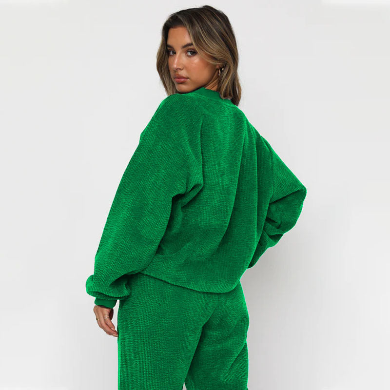 Solid Color Corduroy Casual Pullover Set