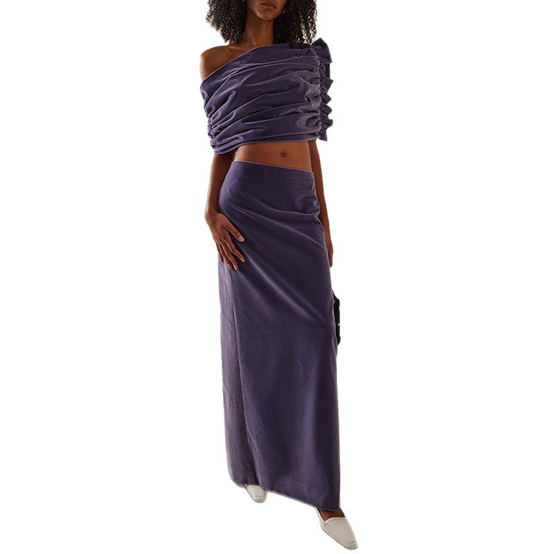Trendy French Style Velvet Two-Piece Set With Asymmetrical Top And Skirt