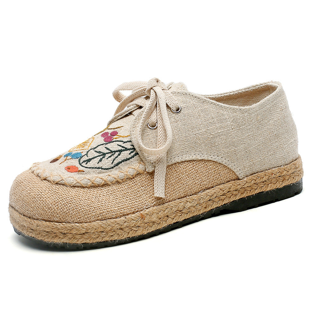 New Autumn Literary Linen Casual Shoes Women'S Ethnic Style Embroidered Lace Up Cotton Linen Cloth Shoes
