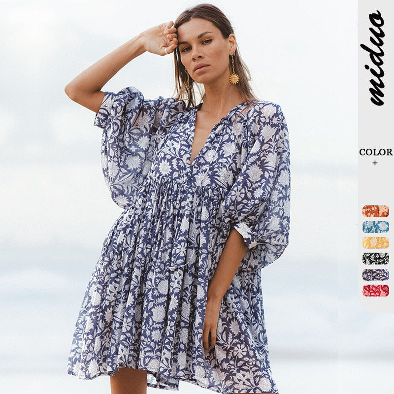 Floral Print Casual Dress with Tie Waist and Half Placket