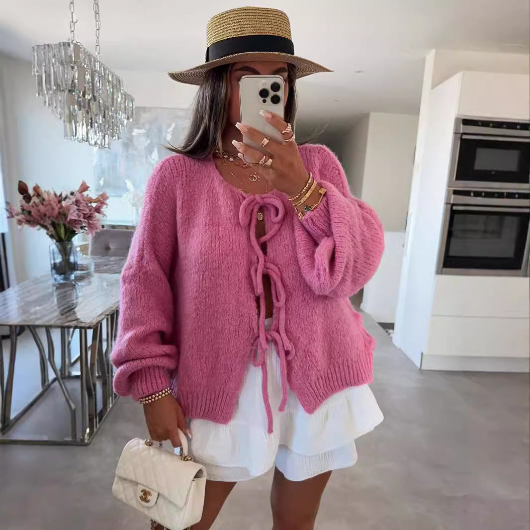 Crew Neck Lace-Up Knitted Cardigan Jacket Autumn And Winter New Solid Color Commuting Simple Sweater Women
