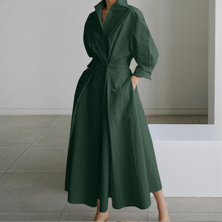 Cotton And Linen Net Color Lapel /Polo Collar Shirt Sleeve Elastic Waist Big Swing Dress