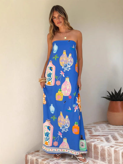 Casual Linen Strapless Dress With Artistic Prints