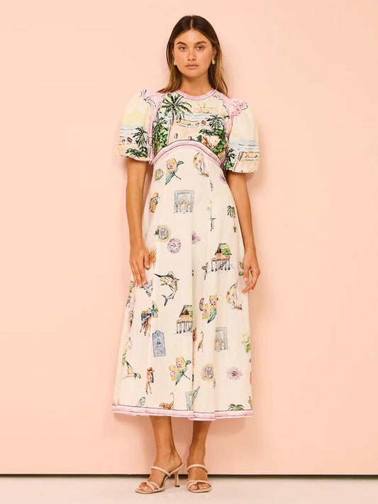 Elegant Floral Print Linen Midi Dress with Puff Sleeves