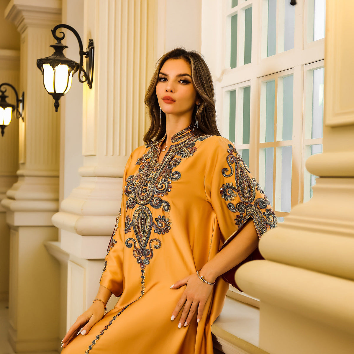 Embroidered Long Abaya Dress with Rope Embroidery