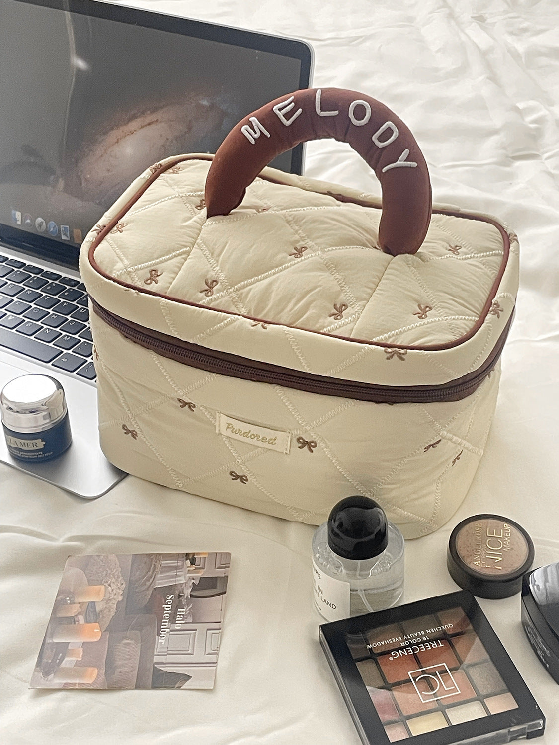 Coffee Bowknot Makeup Bag Portable Embroidered Travel Organizer