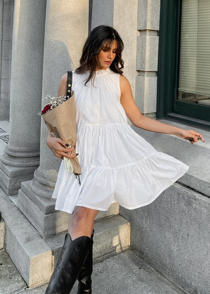 Sleeveless Mini Dress Lightweight Fabric Ruffle Neckline