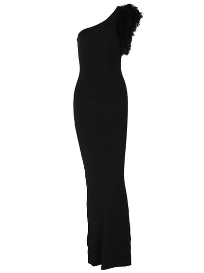 Elegant One-Shoulder Feathered Maxi Dress