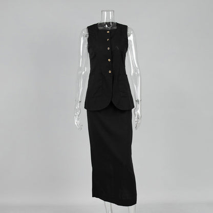 Casual Sleeveless Vest and High-Waisted Skirt Set