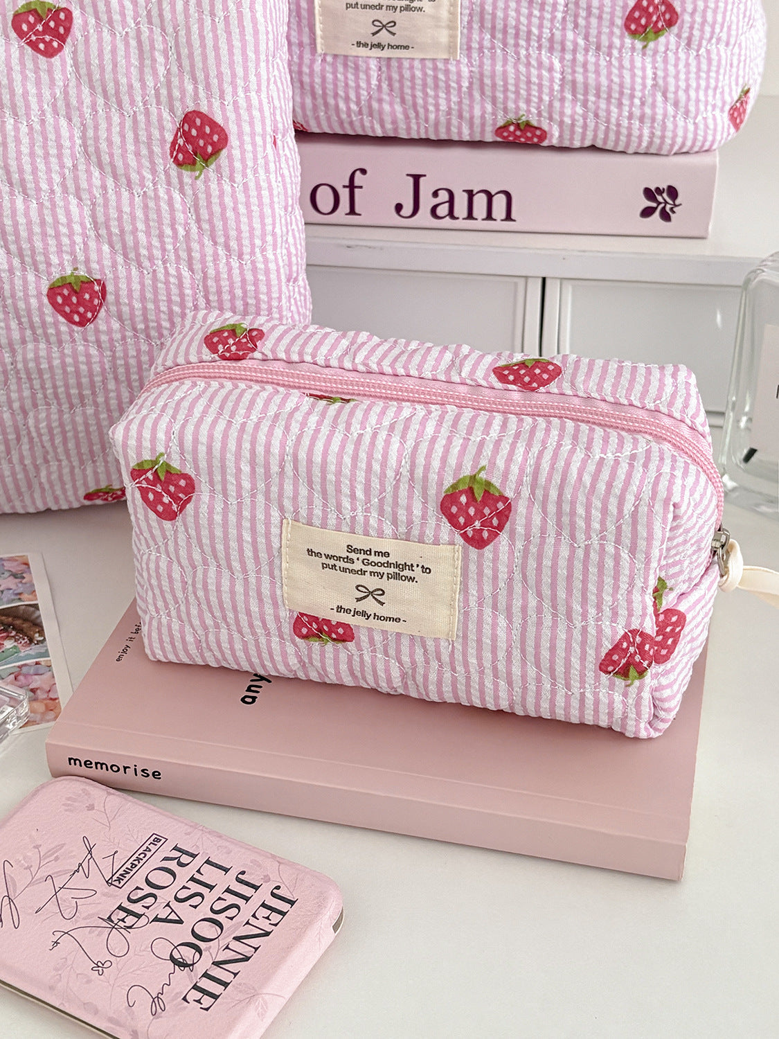 Strawberry Striped Pink Makeup Bag Quilted Large Capacity Portable Cosmetic Case