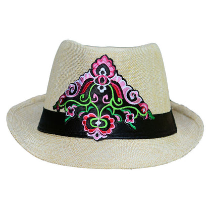 Embroidered Hat In Summer, Straw Hat, Women'S Top Hat, Tibetan Style, Sun Protection, National Style Embroidery In Summer And Autumn