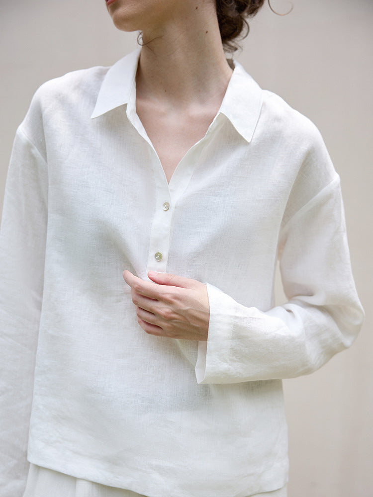 Long Sleeve Polo Collar Shirt Elegant Linen Blouse