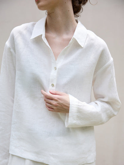 Long Sleeve Polo Collar Shirt Elegant Linen Blouse