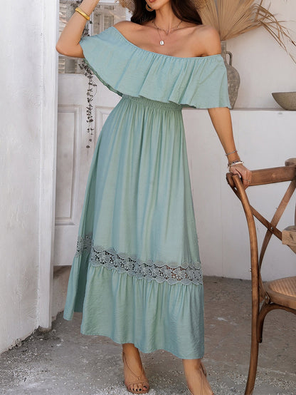Off-Shoulder Waist-Defined Maxi Dress with Ruffle Sleeves