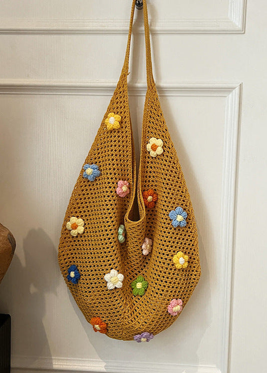 Crochet Shoulder Bag with Colorful 3D Floral Accents