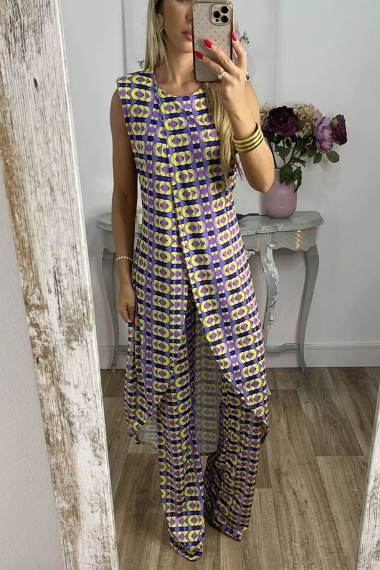 Trendy Floral Print Sleeveless Top and Long Pants Set