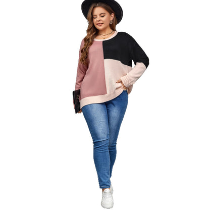 Block Color Knit Sweater Casual Pullover Top
