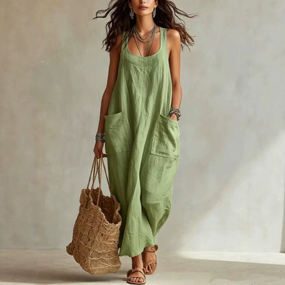U-Neck Sleeveless Loose Pocket Maxi Dress, Casual Flowy Long Dress