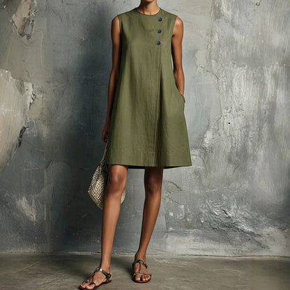 The Sculptural Button Shift Mini Dress