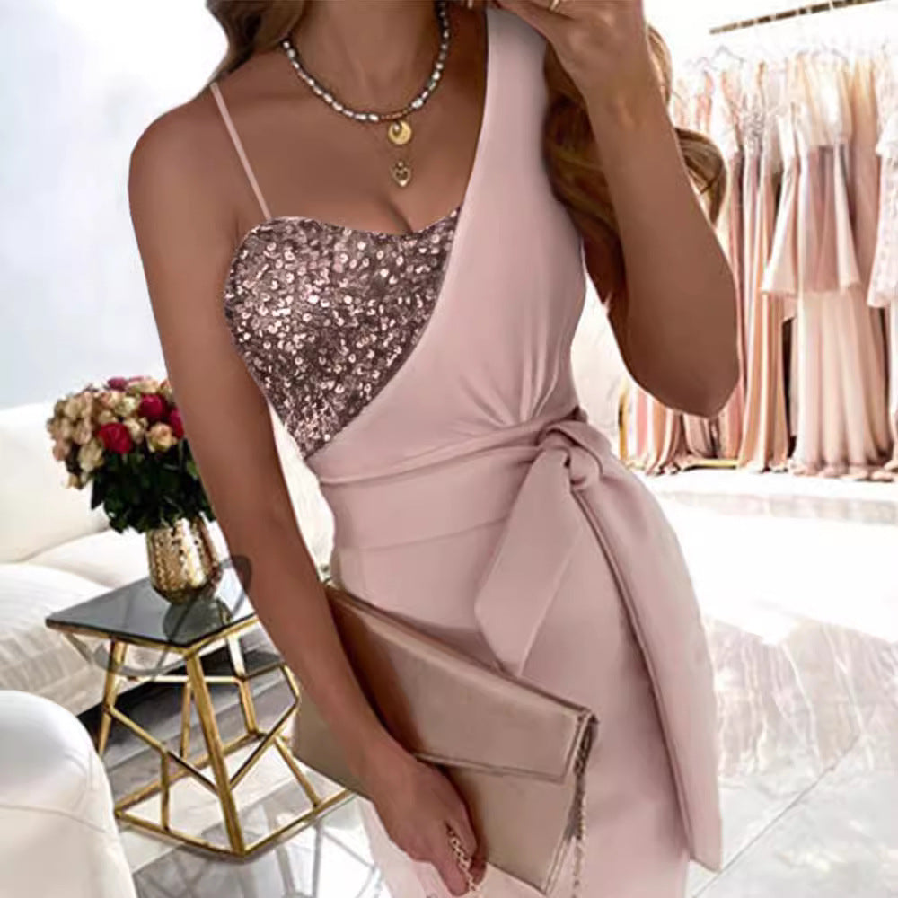One-Shoulder Sequin Dress Trendy Sleeveless Long Evening Gown