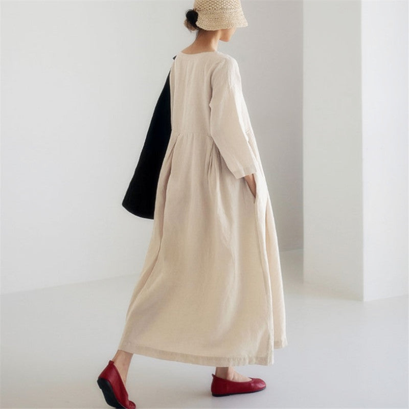 Loose Plus-Size Dress Fat Japanese Cotton And Linen Round Neck Pullover Solid Color Long Skirt Big Swing Dress