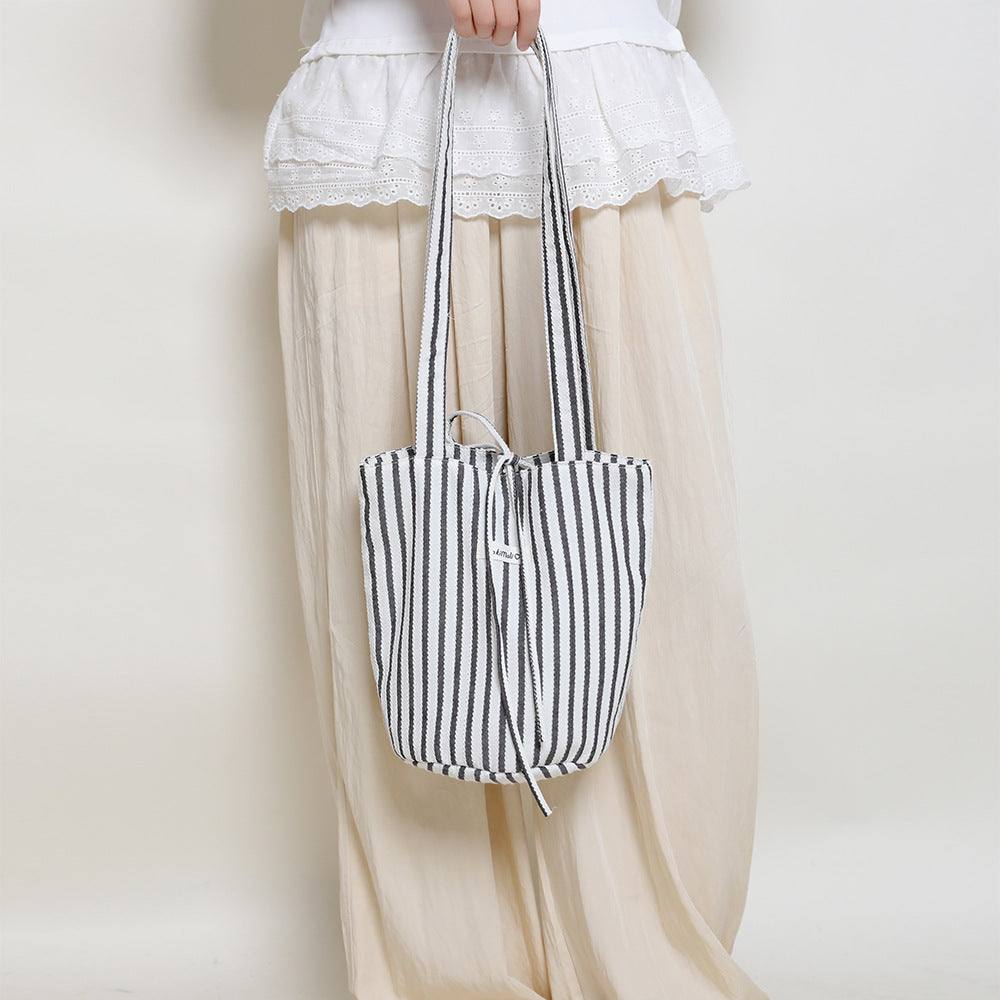 Color Block Striped Canvas Bucket Bag