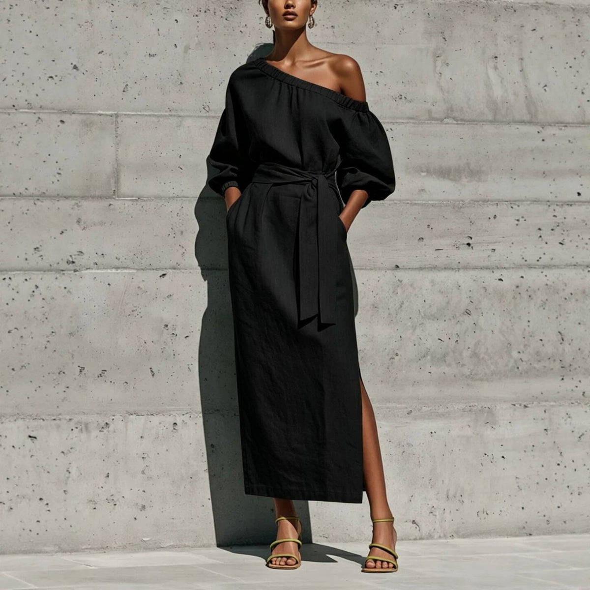 Linen One Shoulder Balloon Sleeve Self Tie Waist Side Slit Midi Dress