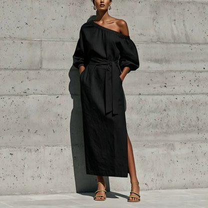 Linen One Shoulder Balloon Sleeve Self Tie Waist Side Slit Midi Dress