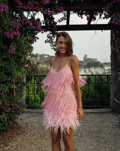 Stylish Fringed Sequin Feather Panels Dress Dress