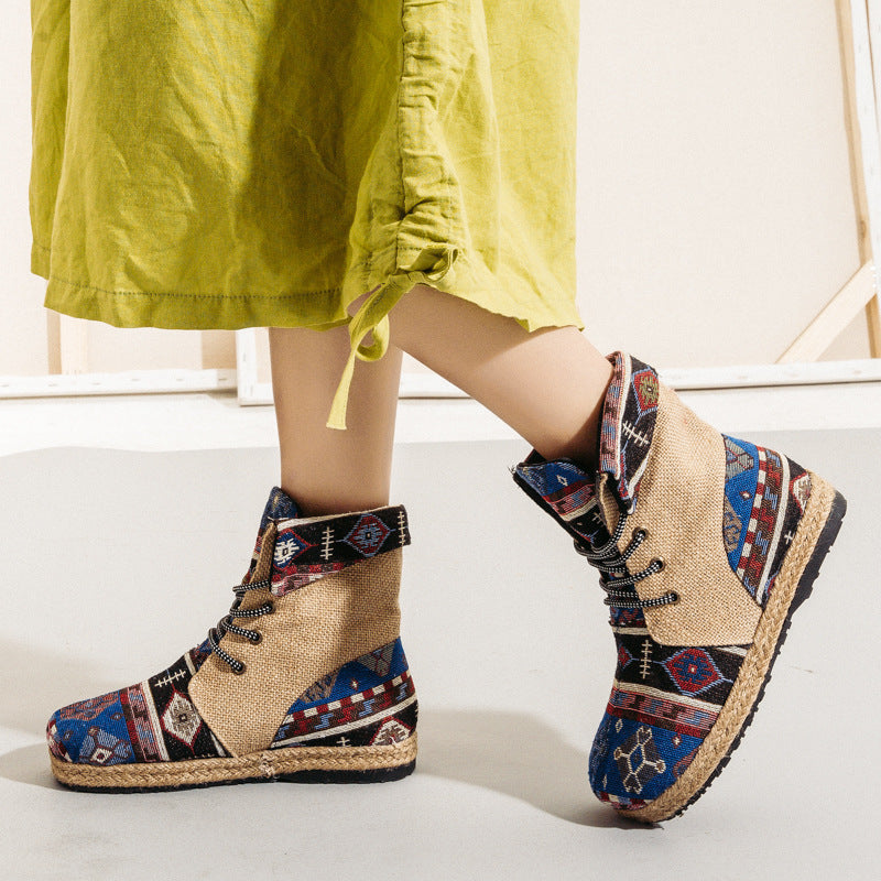 High-Top Linen Cloth Shoes Embroidered Lace-Up Flanging Color Matching Shoes National Wind Cotton And Linen Booties