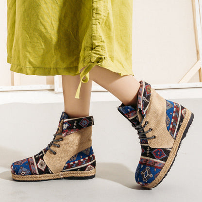 High-Top Linen Cloth Shoes Embroidered Lace-Up Flanging Color Matching Shoes National Wind Cotton And Linen Booties