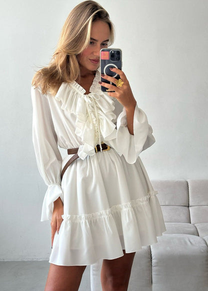 Ruffled A Line Dress Lightweight White Fabric