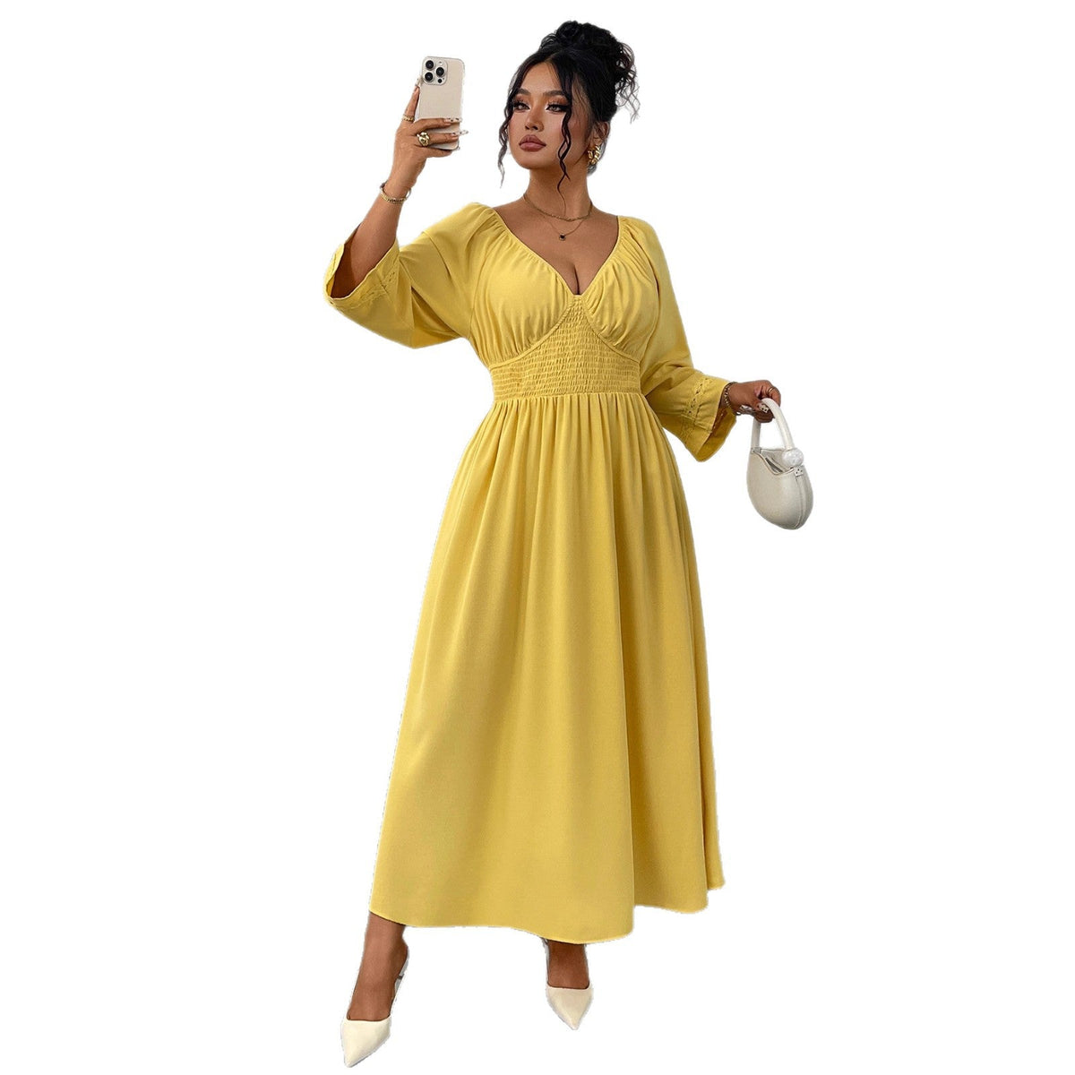 Yellow Deep V-Neck Dress Elegant High-Waisted Gown