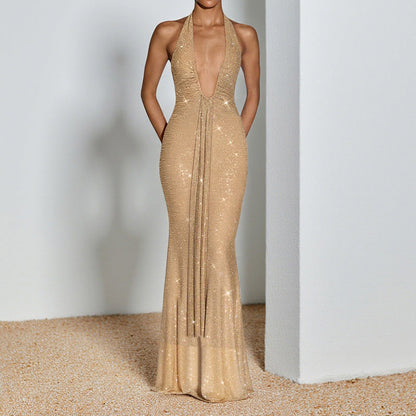 Backless Maxi Dress Sexy Halter Neck Polyester Casual Dress