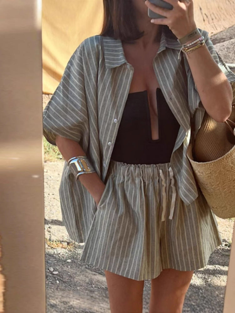 Striped Linen Shirt and Pocket Shorts Set for Women