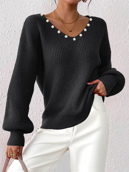 Loose Fit Pearl V-Neck Sweater For Women Casual Street Style