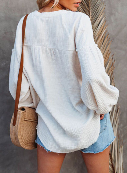 Solid Color Mosaic Lantern Sleeve Button V-Neck Casual Shirt Woman